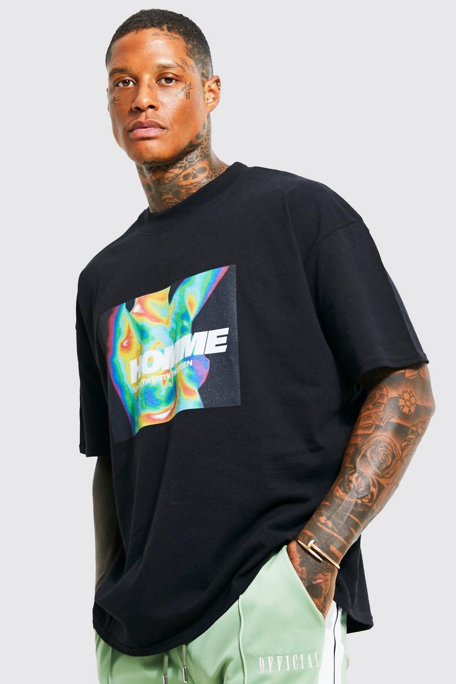T-shirt oversize con stampa Homme, grafica di mappa del calore e girocollo esteso, Black negro image number 1