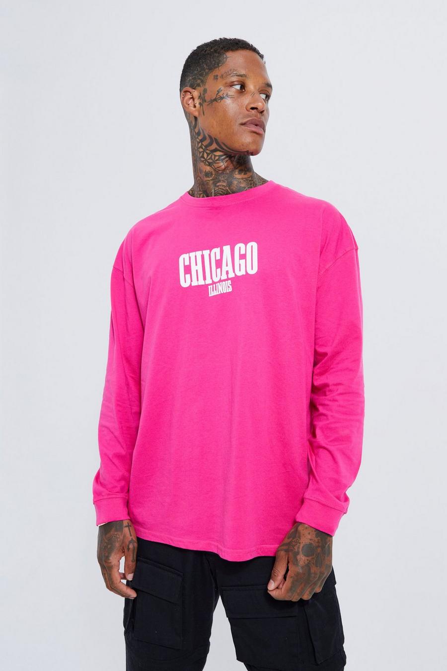 Pink Oversized Chicago T-Shirt Met Print En Lange Mouwen image number 1