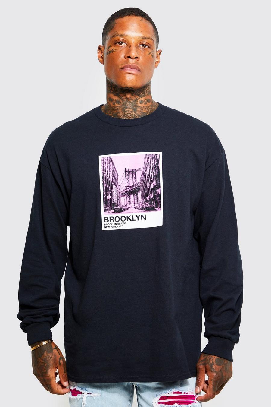 Black Oversized Brooklyn T-Shirt Met Print En Lange Mouwen image number 1