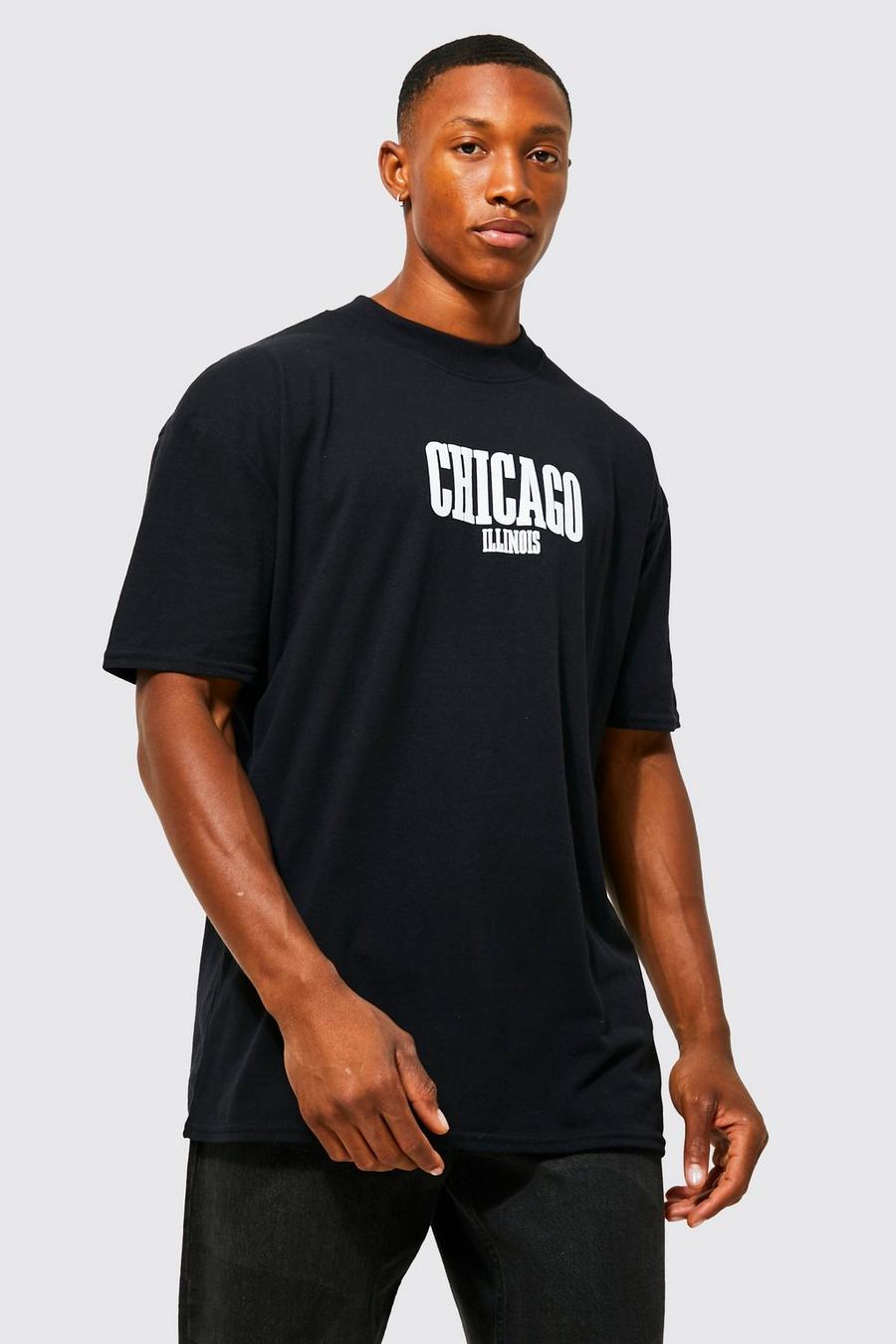 Black Oversized Extended Neck Chicago Print T-shirt