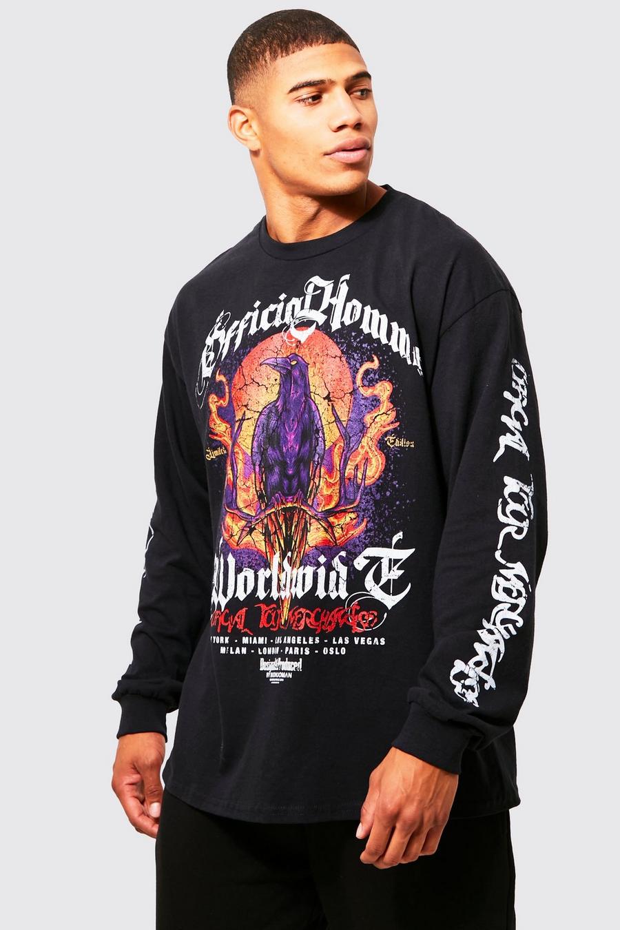 Black noir Oversized Crow Graphic Long Sleeved T-shirt