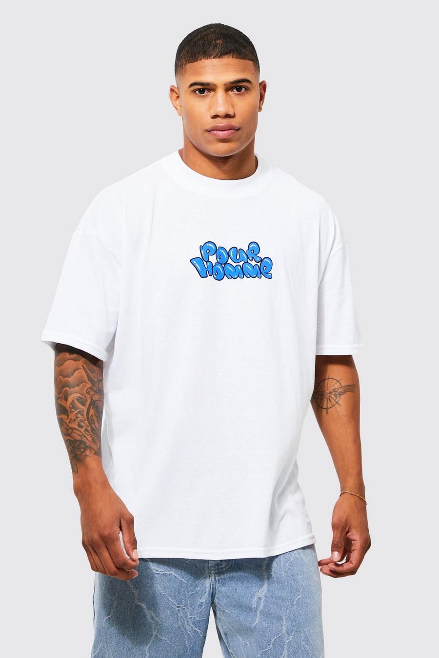 White vit Oversized Extended Neck Homme Graphic T-shirt