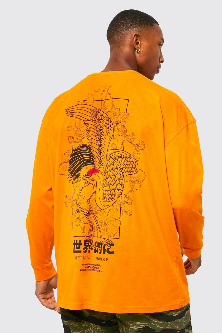 Orange Oversized Crane Graphic Long Sleeved T-shirt image number 1