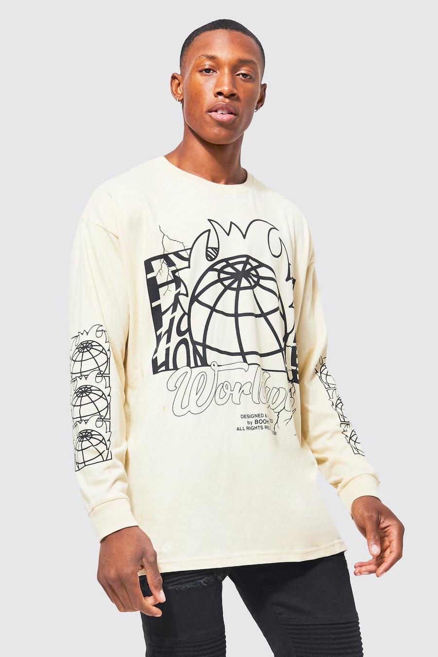 Sand Oversized Globe T-Shirt Met Print En Lange Mouwen image number 1