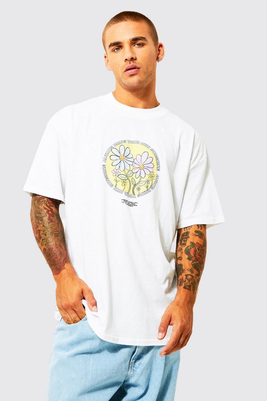 White Oversized Extended Neck Floral Print T-shirt image number 1