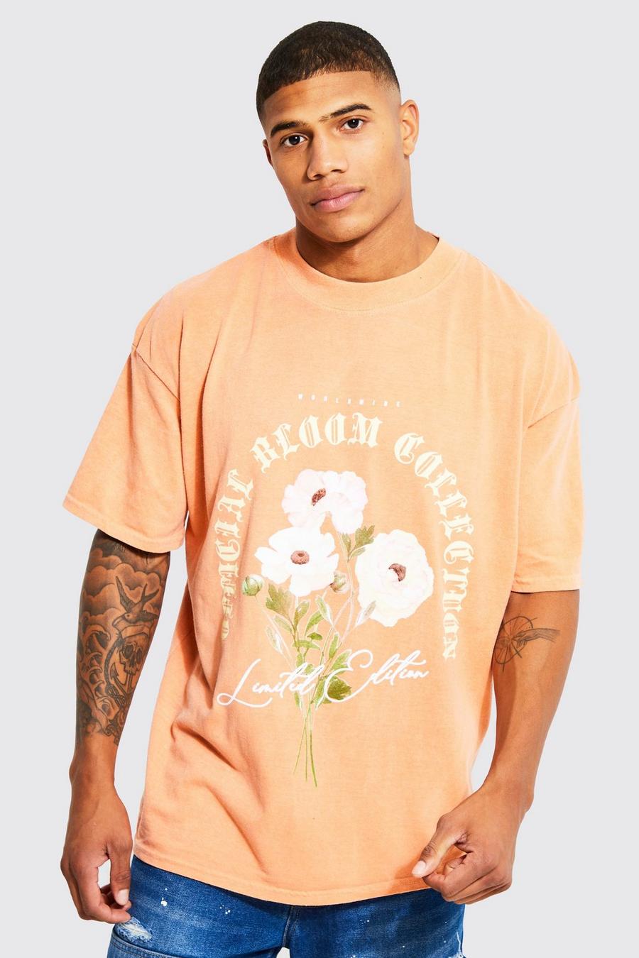 Orange Oversized Extended Neck Floral Print T-shirt