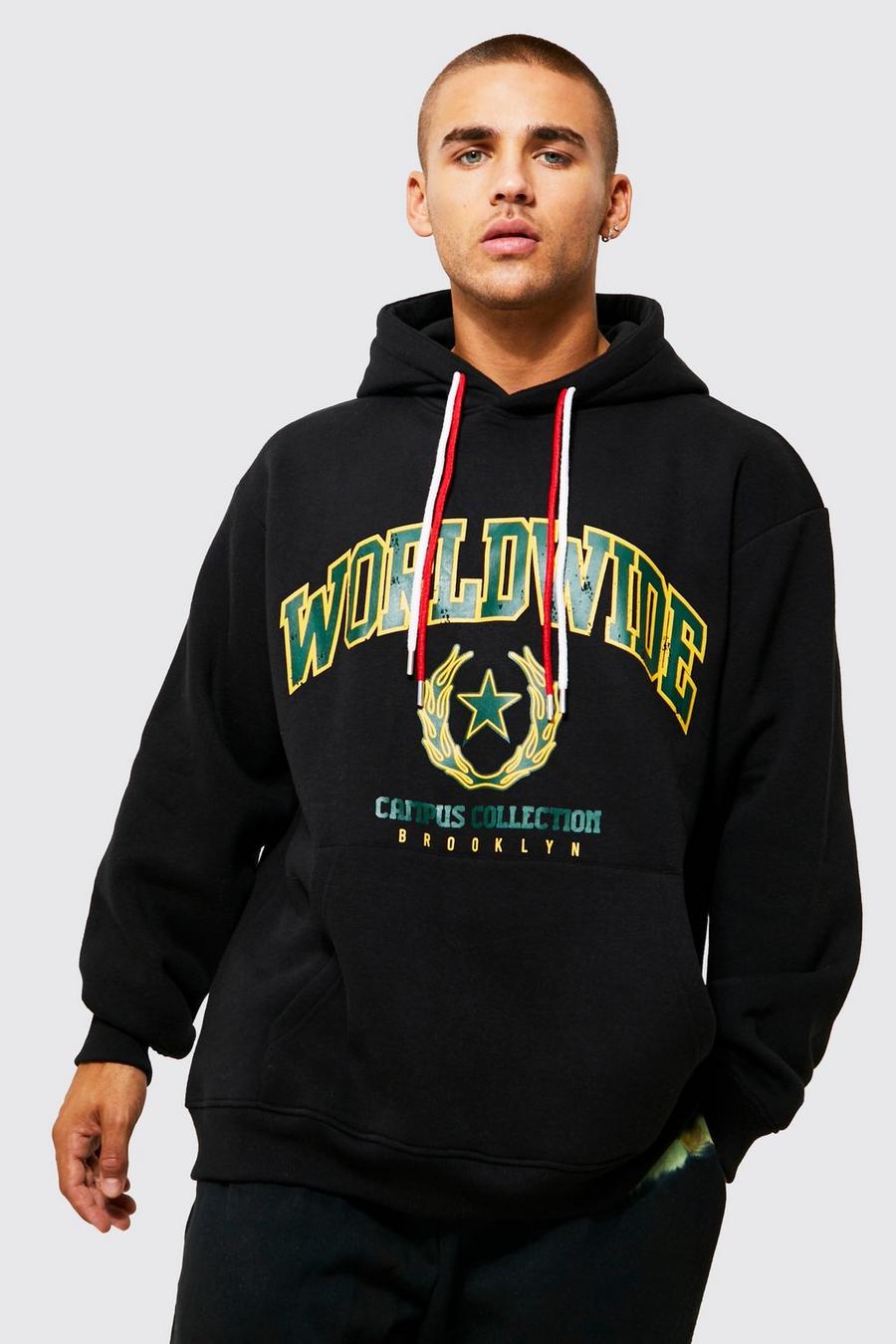 Black svart Worldwide Oversize hoodie med tryck