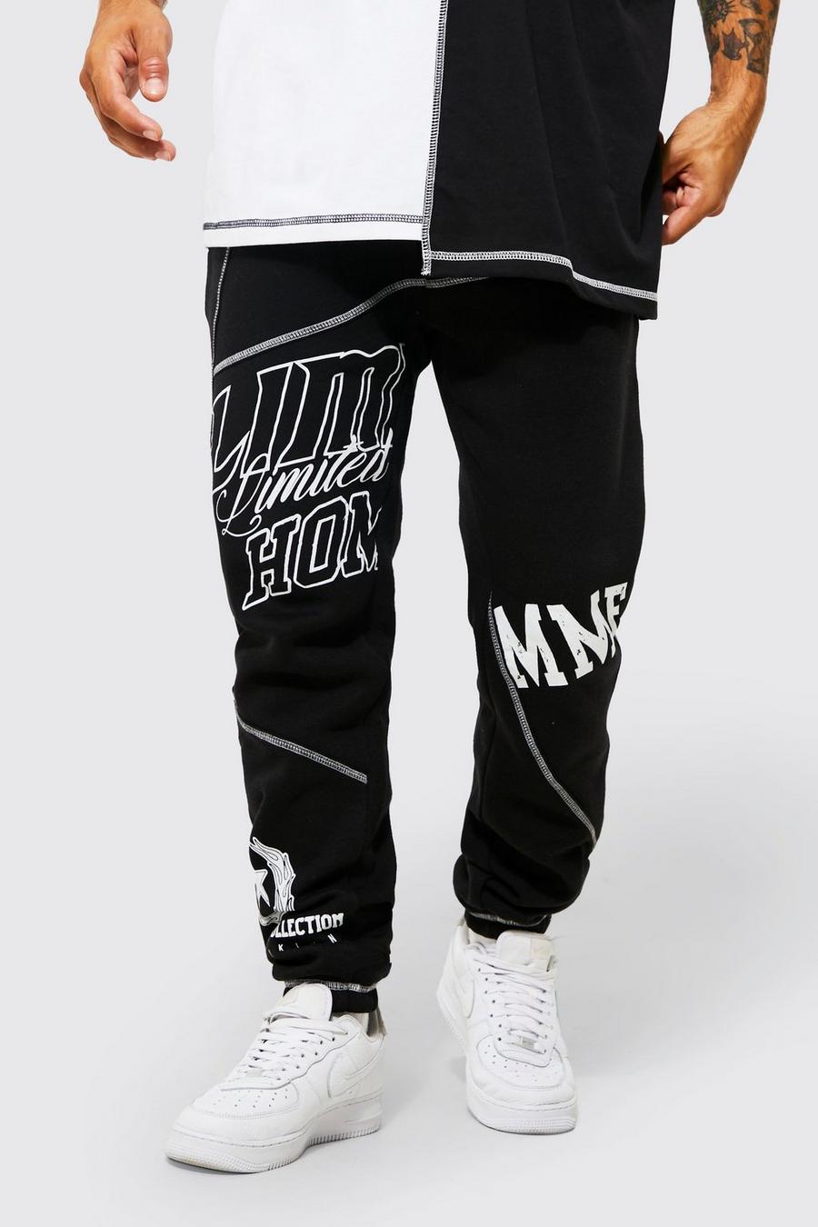 Pantaloni tuta Regular Fit effetto patchwork con grafica stile college, Black negro image number 1