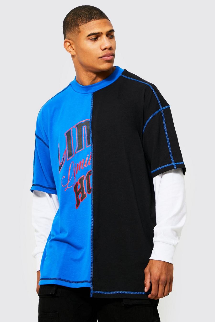 T-shirt oversize con stampa effetto patchwork e girocollo esteso, Cobalt azul