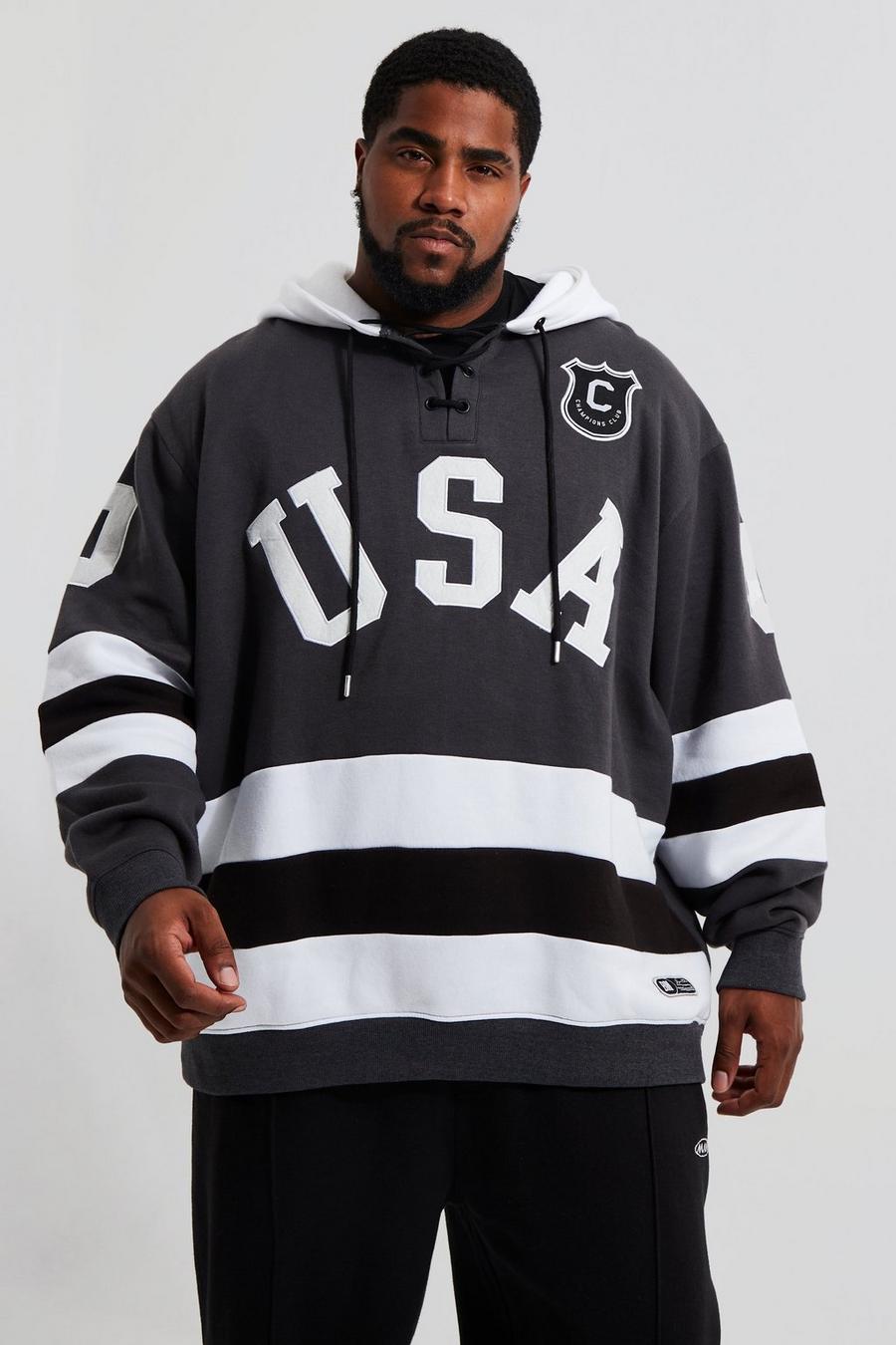 Felpa da hockey Plus Size comoda con ricami stile college e cappuccio, Dark grey grigio image number 1