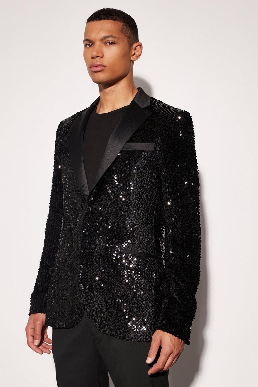 Black Tall Skinny Sequin Blazer With Contrast Lapel