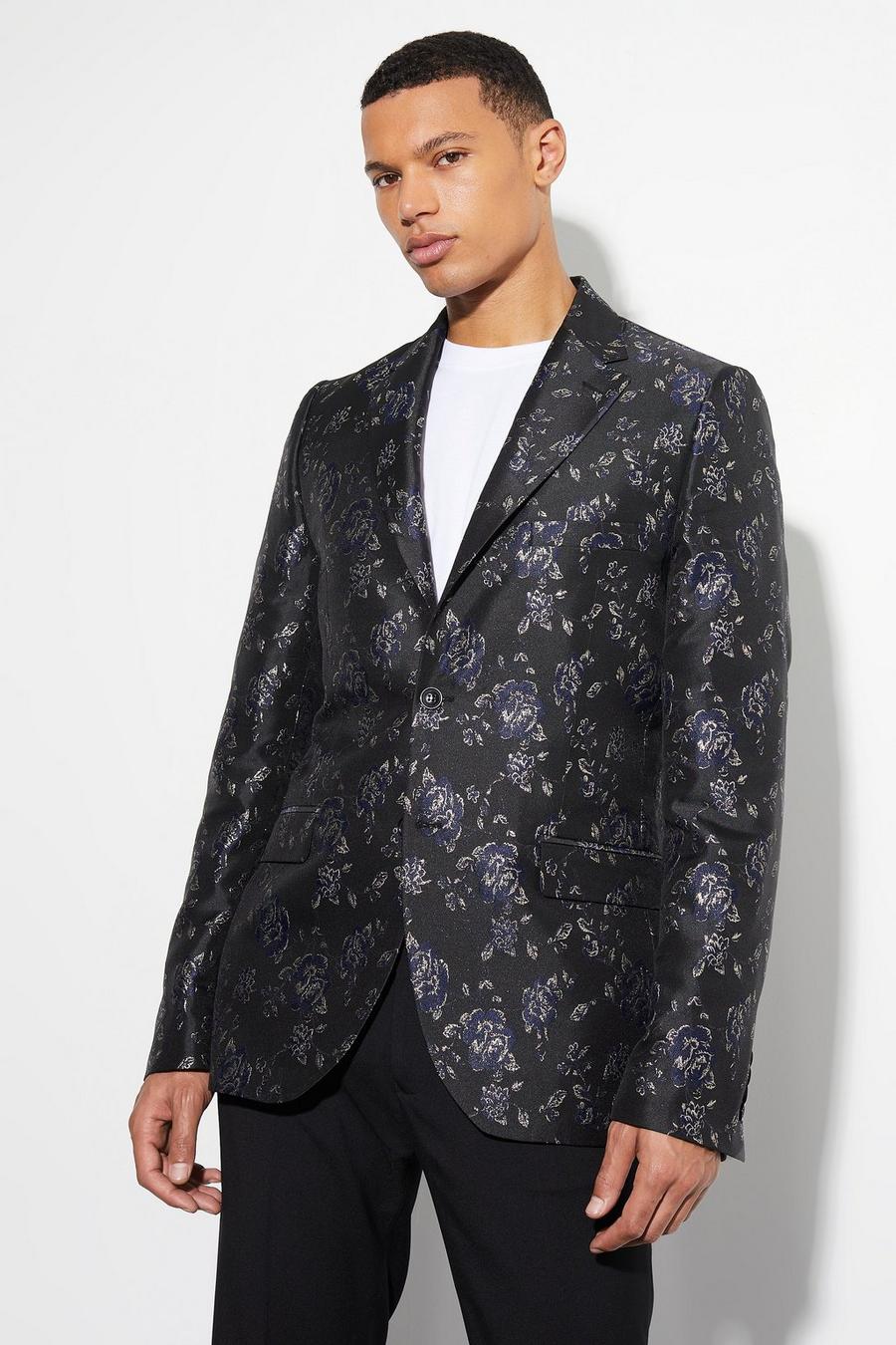 Blazer Tall Slim Fit in jacquard con rose, Navy image number 1