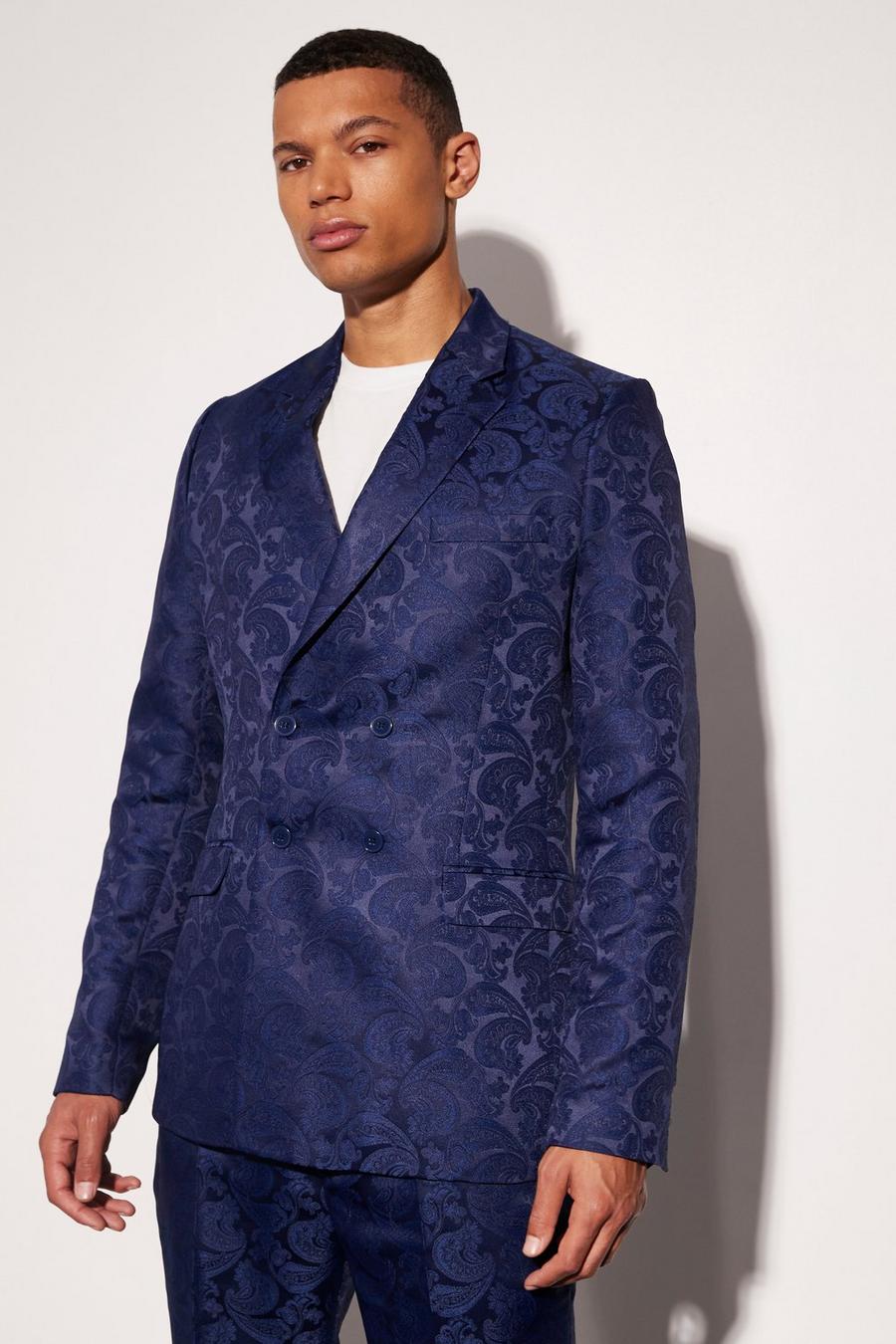 Navy Tall Slim Double Breasted Paisley Blazer image number 1
