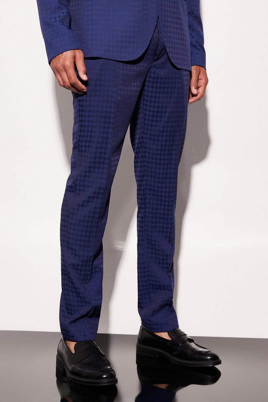 נייבי blu oltremare מכנסי חליפה קרופ סקיני עם הדפס משבצות משוננות, לגברים גבוהים