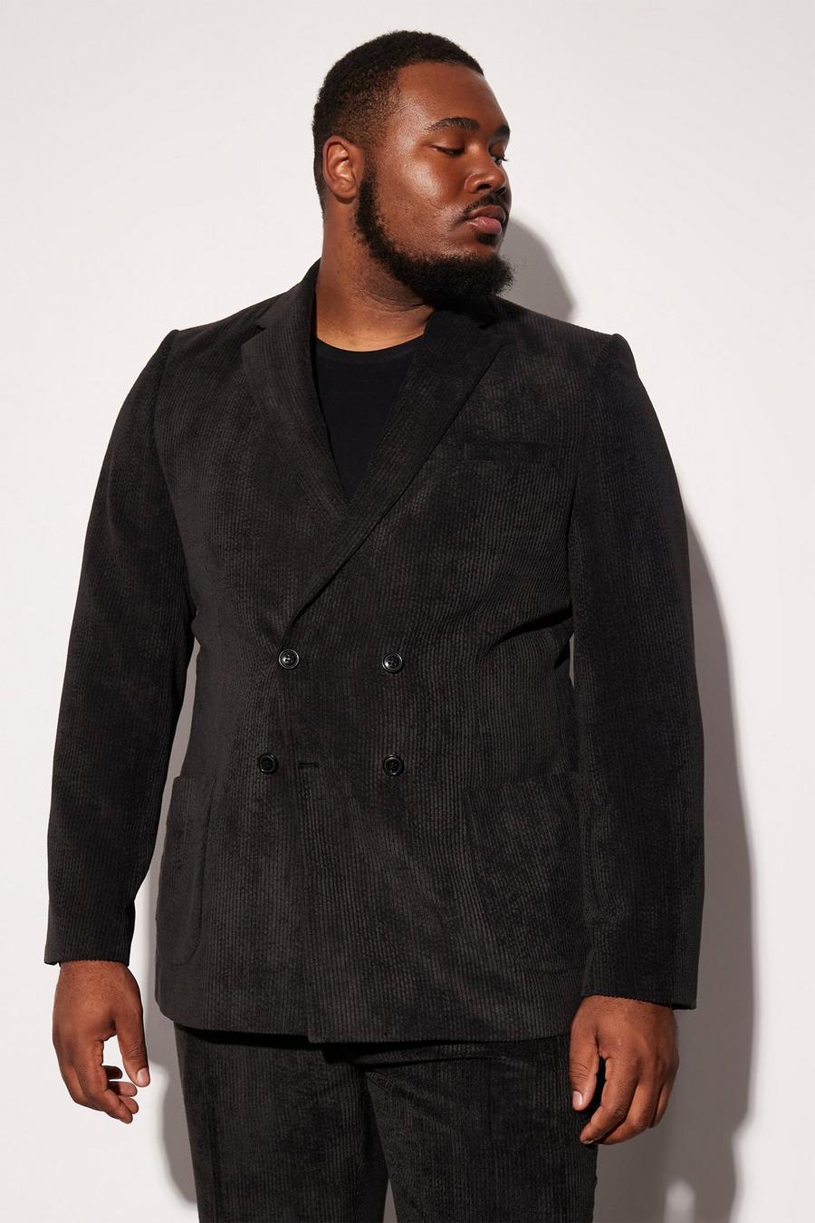 שחור black ז'קט חליפה קורדרוי בגזרה צרה עם דשים כפולים למידות גדולות image number 1