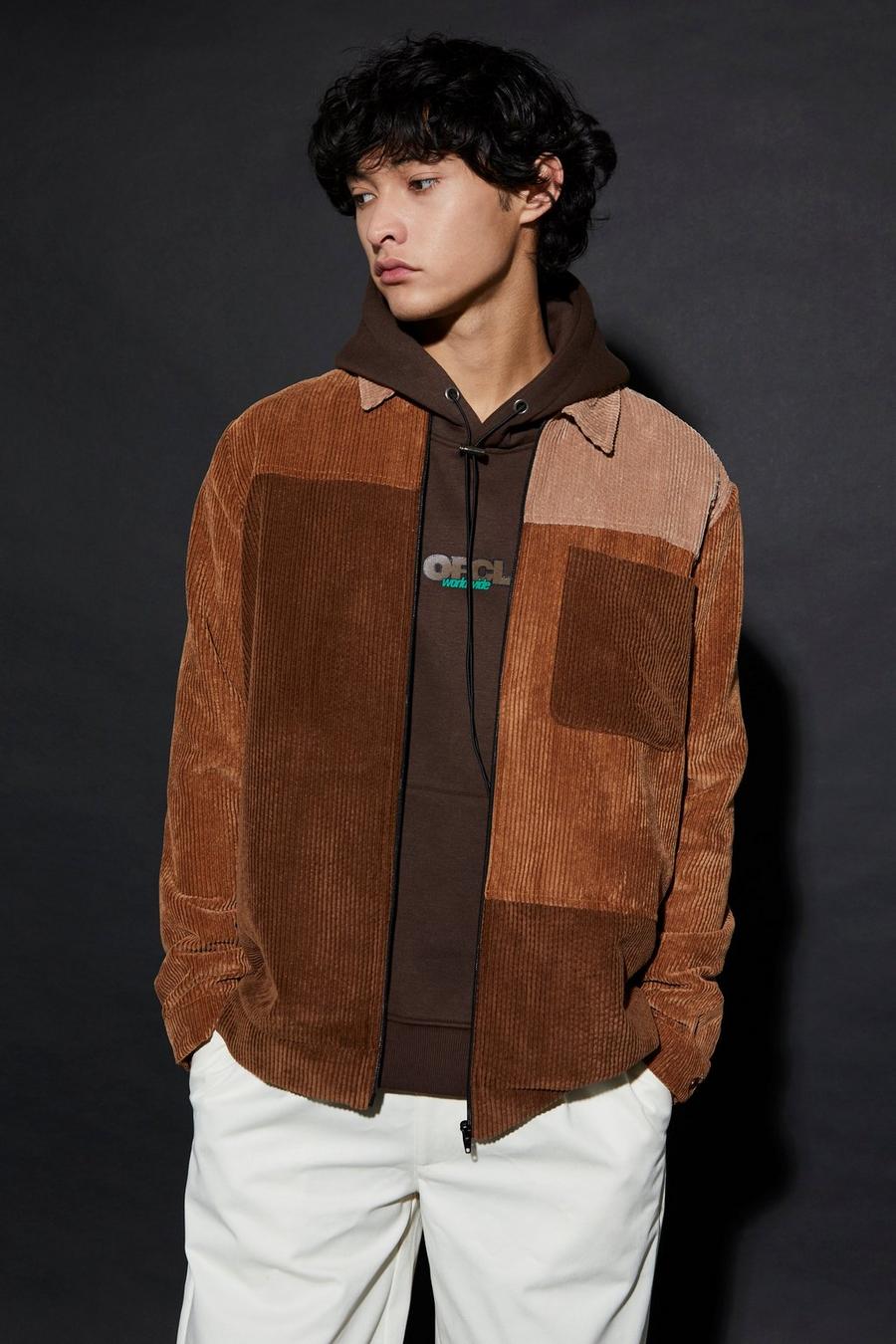 Oversize Cord Colorblock Overshirt, Taupe image number 1