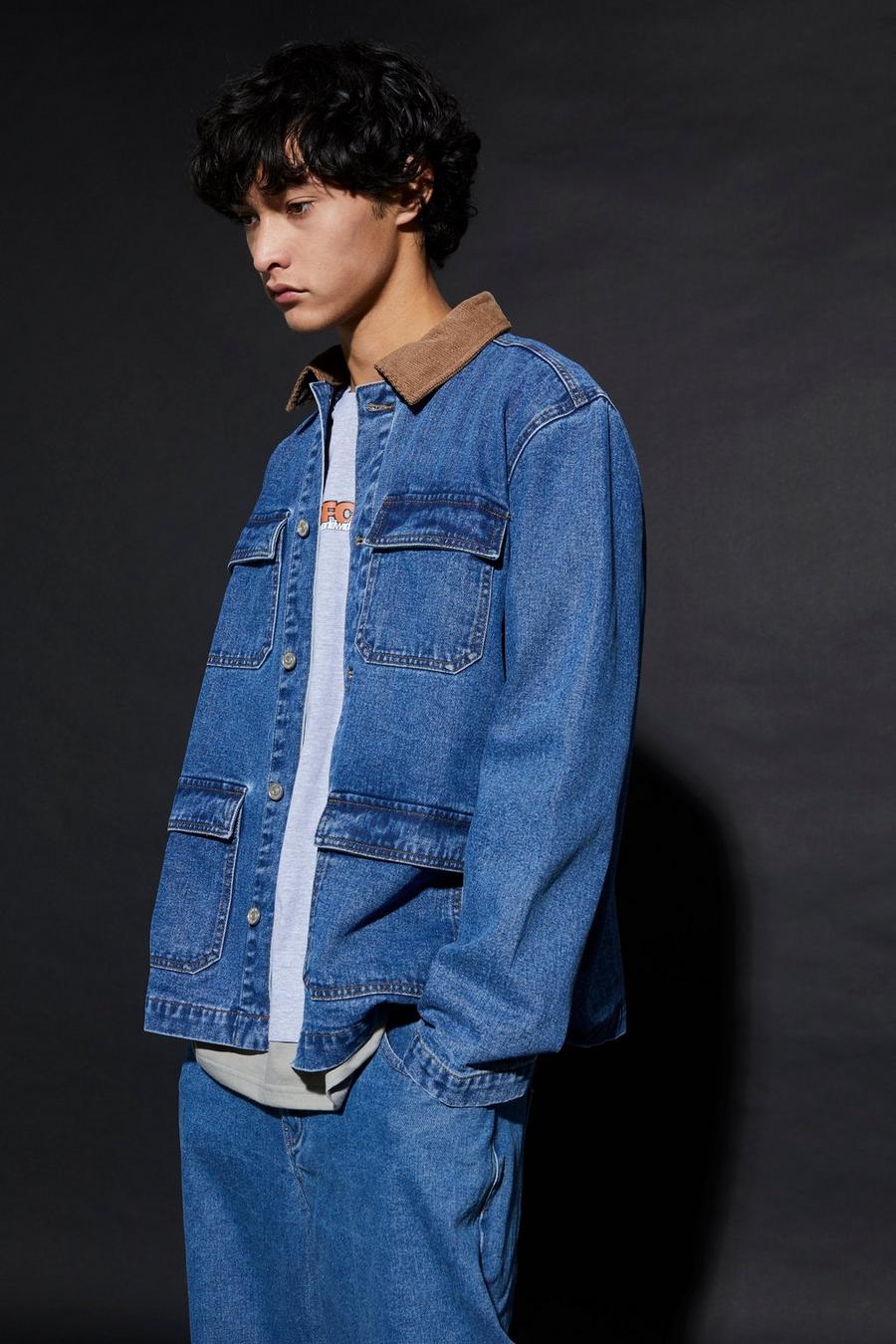 Mid blue Utility Denim Jacket With Cord Collar image number 1