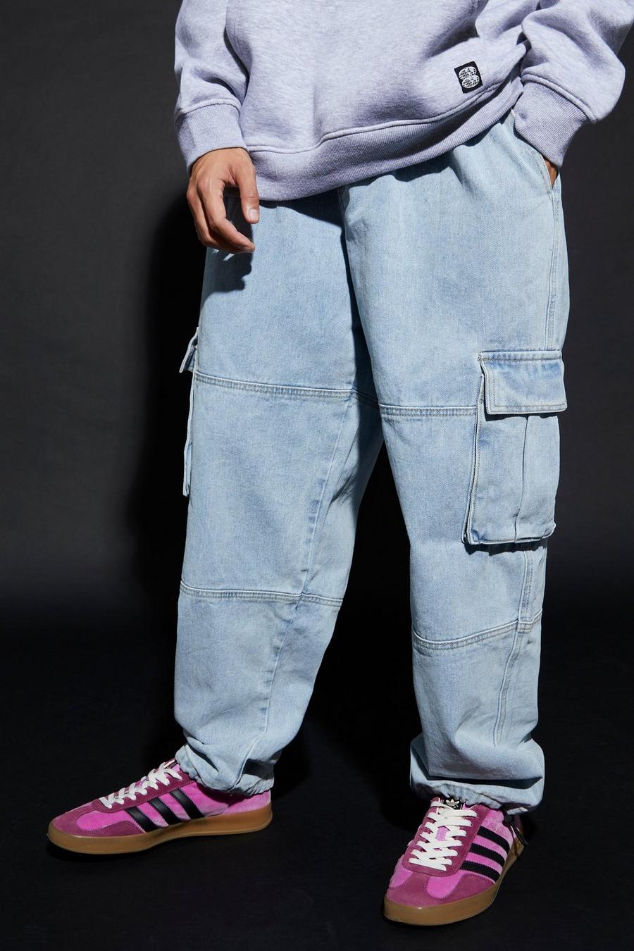 Lockere Cargo-Jeans mit elastischem Bund, Light blue blau