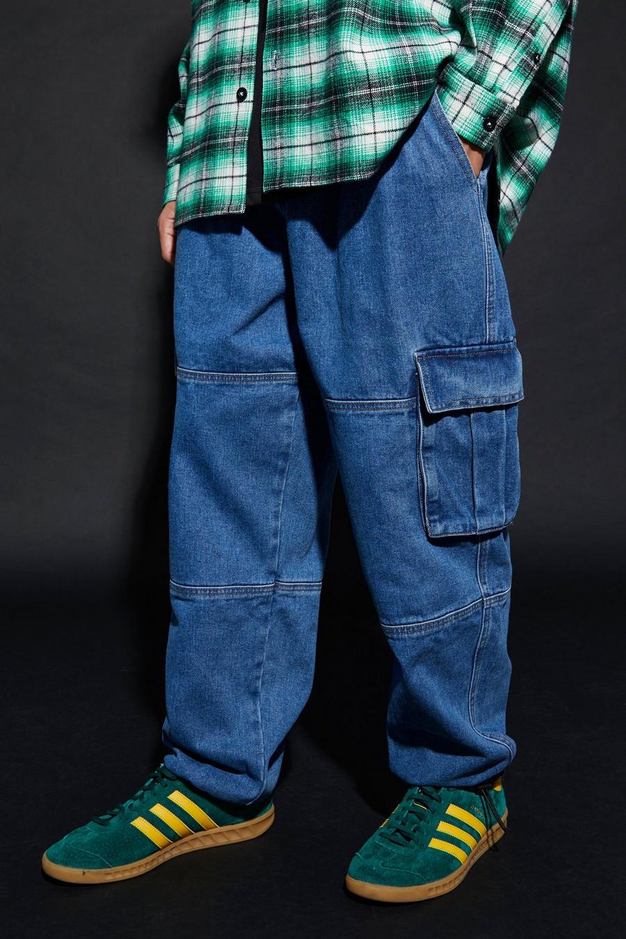Mid blue Baggy Cargo Jeans Met Elastische Taille Band image number 1