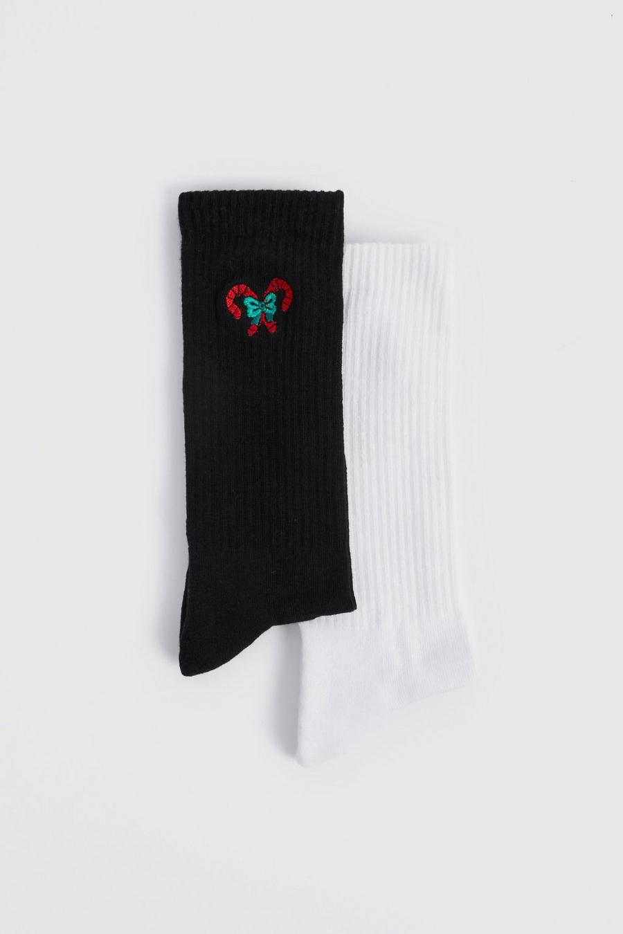 Black 2 Pack Embroidered Christmas Candy Cane Sock image number 1