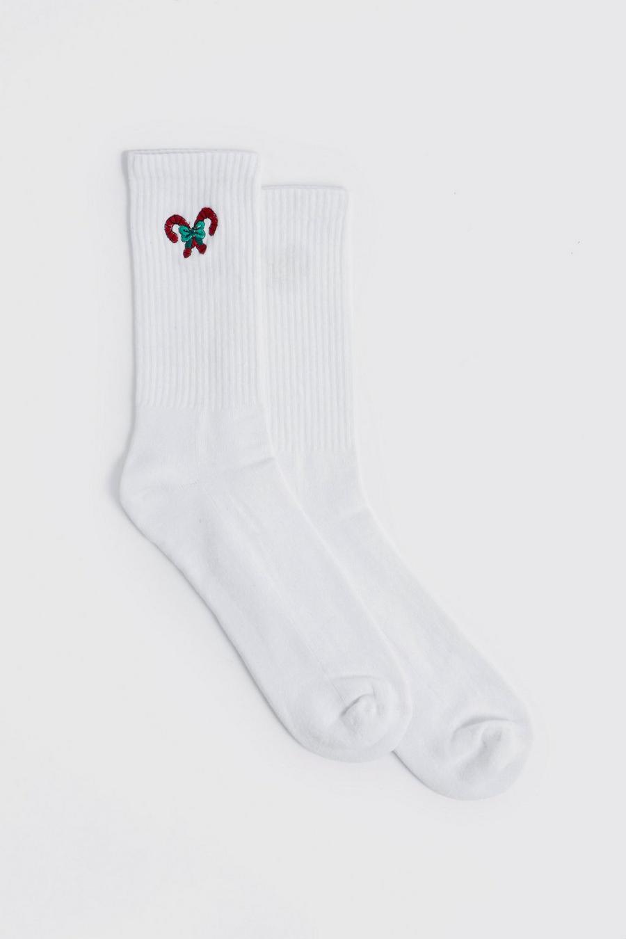 White Embroidered Christmas Candy Cane Sock image number 1