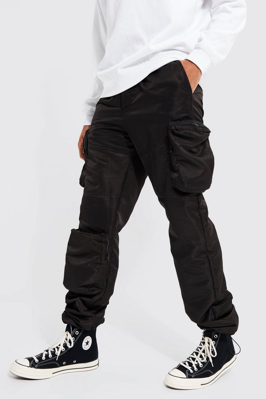 Pantalón Tall cargo holgado estilo obrero de tela shell 3D, Black negro