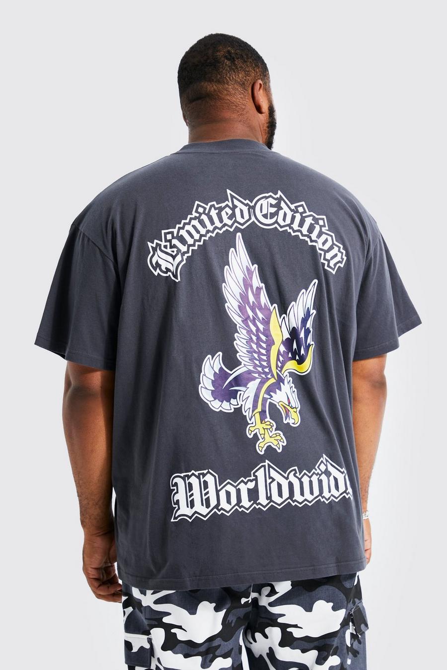 Camiseta Plus oversize con cuello extendido y estampado de águila, Dark grey image number 1