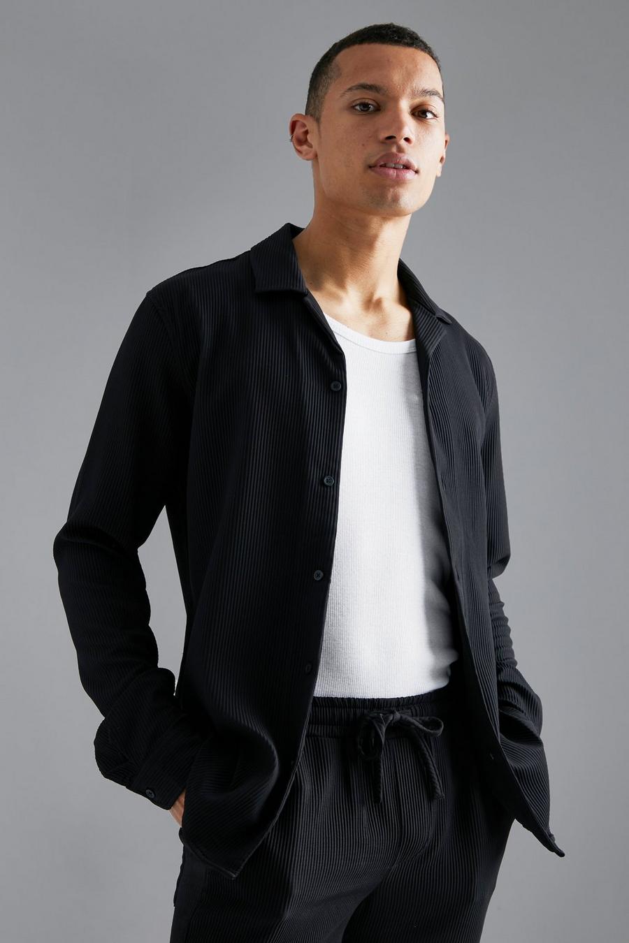 Black svart Tall Long Sleeve Oversized Revere Pleated Shirt image number 1
