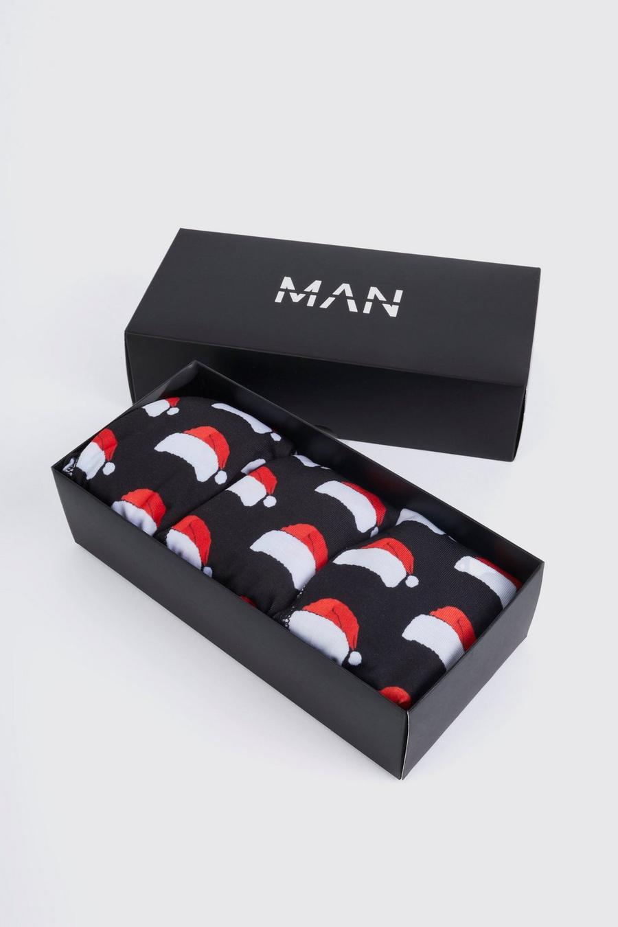 Pack de 3 calzoncillos navideños con estampado de gorro de Papá Noel en caja de regalo, Black image number 1