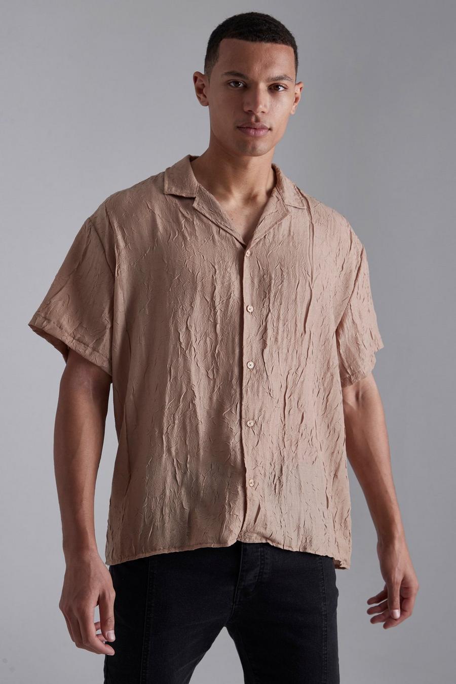 Mocha beige Tall Kortärmad skjorta med bowlingkrage och struktur image number 1