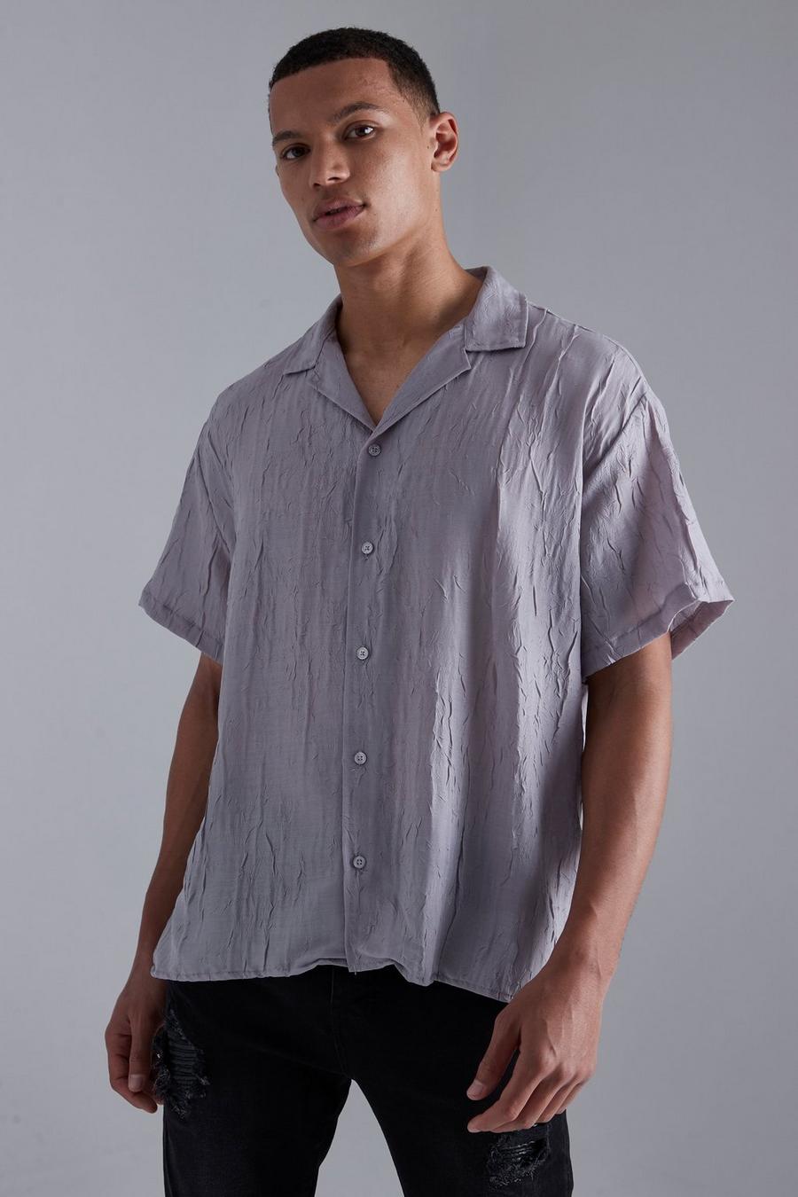 Grey Tall Kortärmad skjorta med bowlingkrage och struktur image number 1