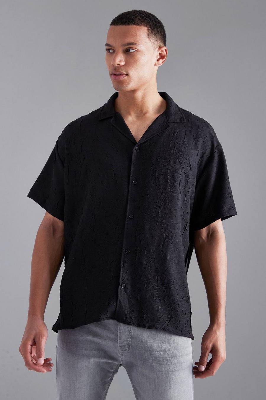 Black Tall Kortärmad skjorta med bowlingkrage och struktur image number 1