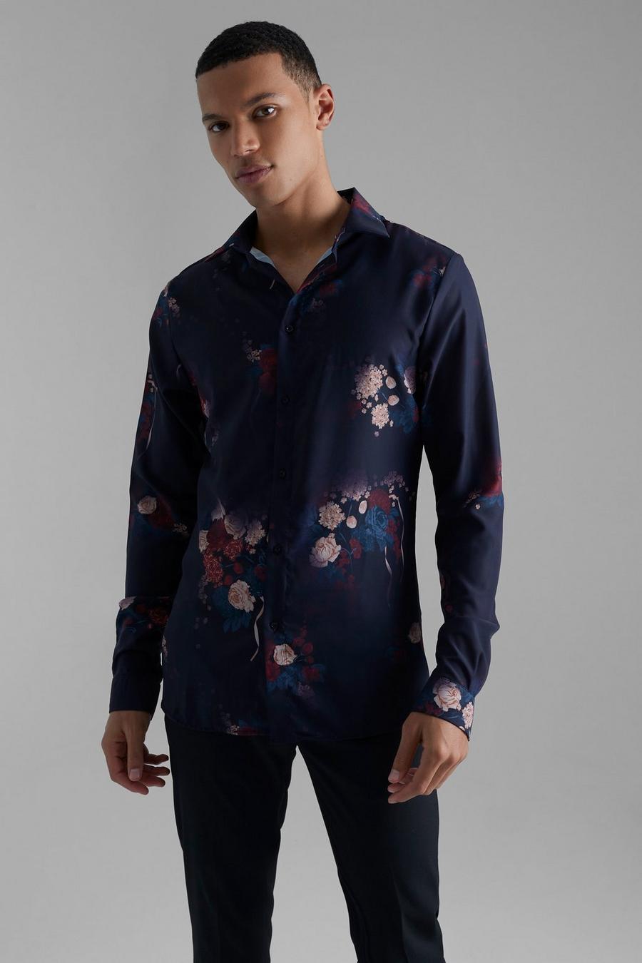 Purple Tall Long Sleeve Floral Shirt  image number 1
