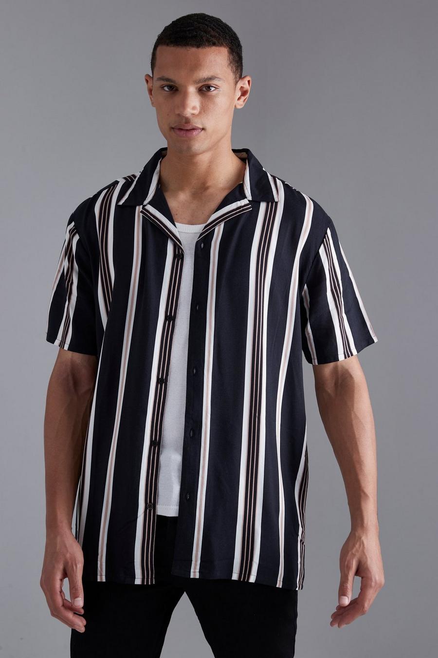 Black Tall Short Sleeve Stripe Viscose Shirt image number 1