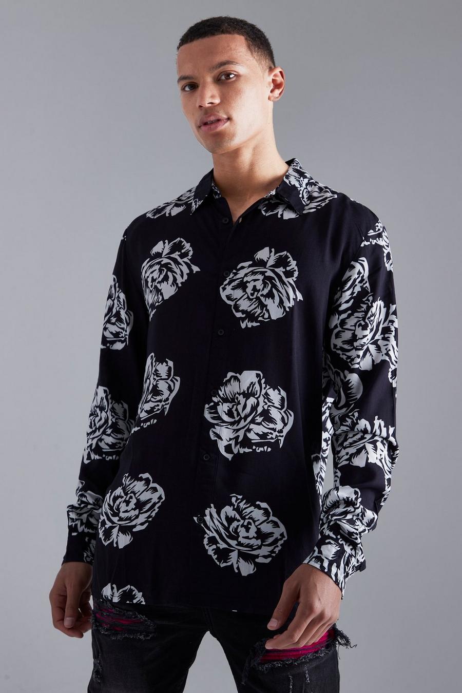 Tall florales Viskose-Hemd mit langen Ärmeln, Black noir
