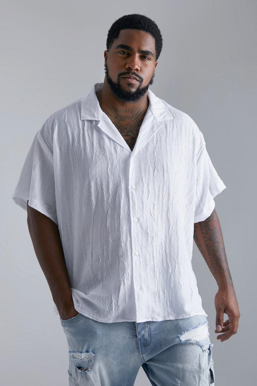 White Plus Short Sleeve Boxy Revere Crinkle Shirt