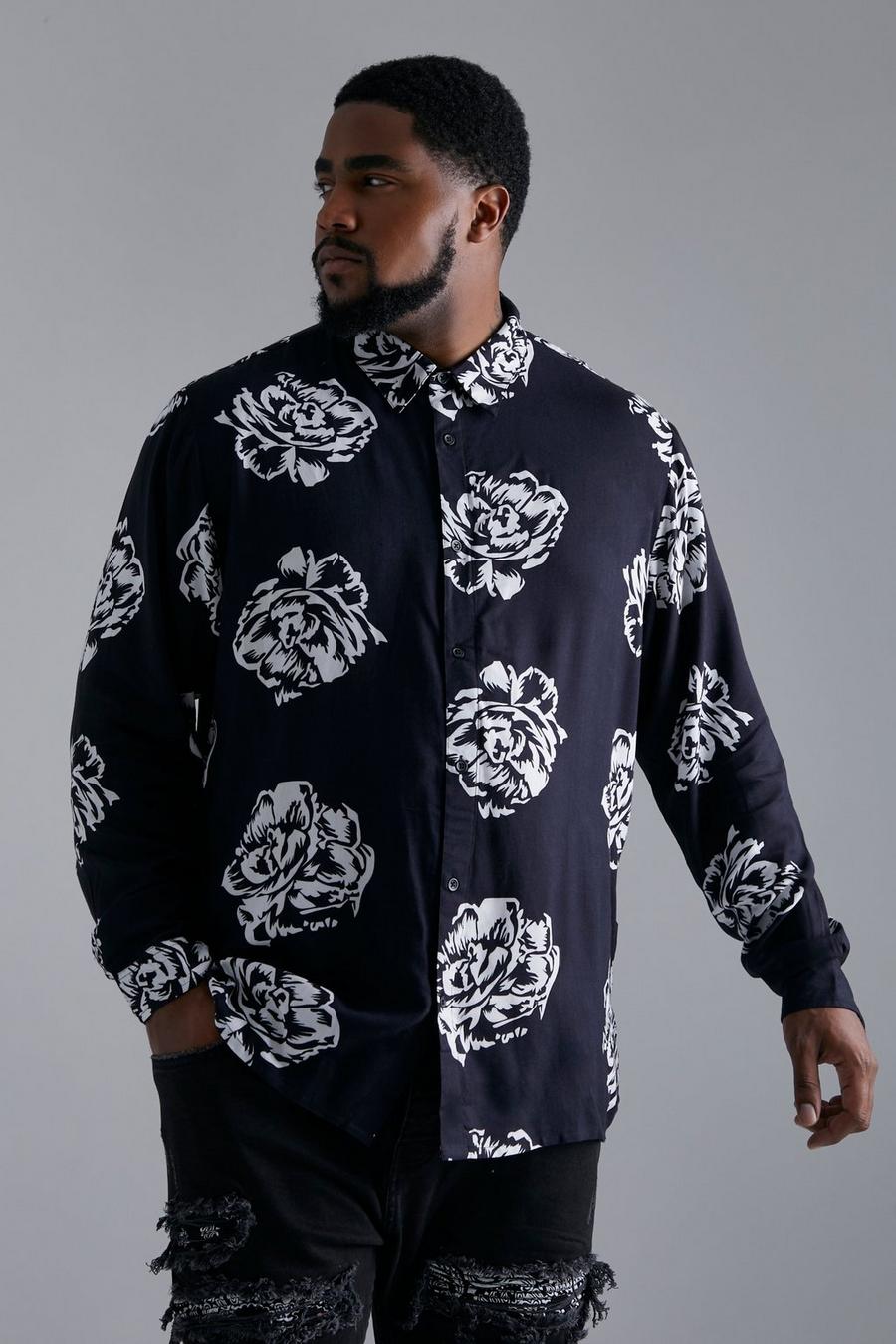 Black nero Plus Long Sleeve Viscose Floral Shirt image number 1