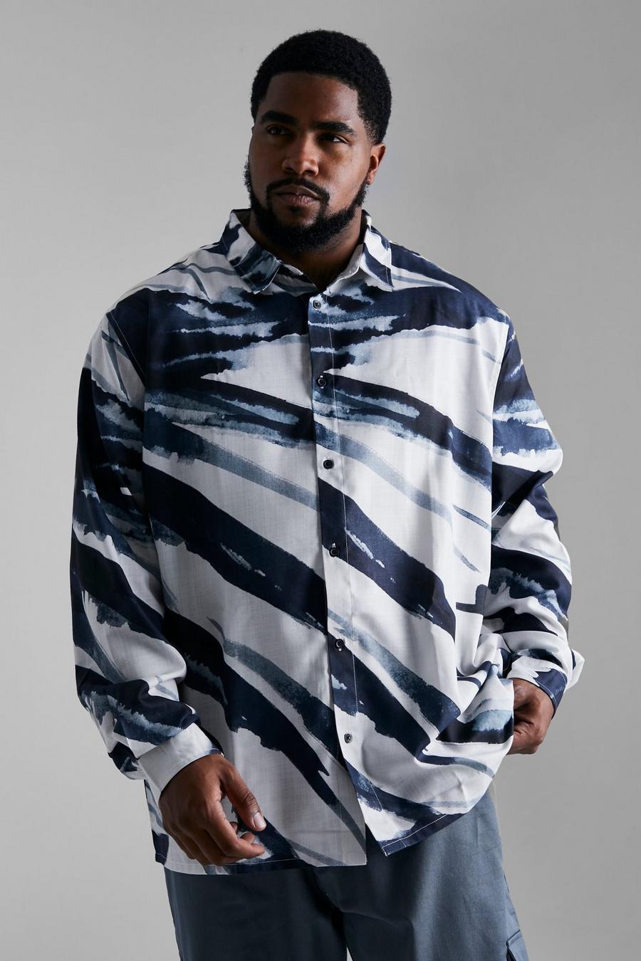 Ecru Plus Long Sleeve Abstract Oversized Shirt image number 1
