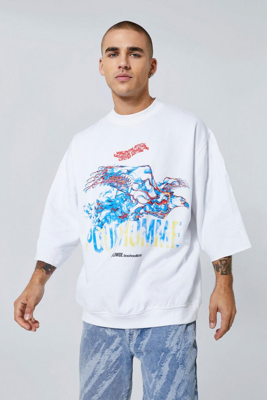 White Oversized Half Sleeve Graphic Sweatshirt
