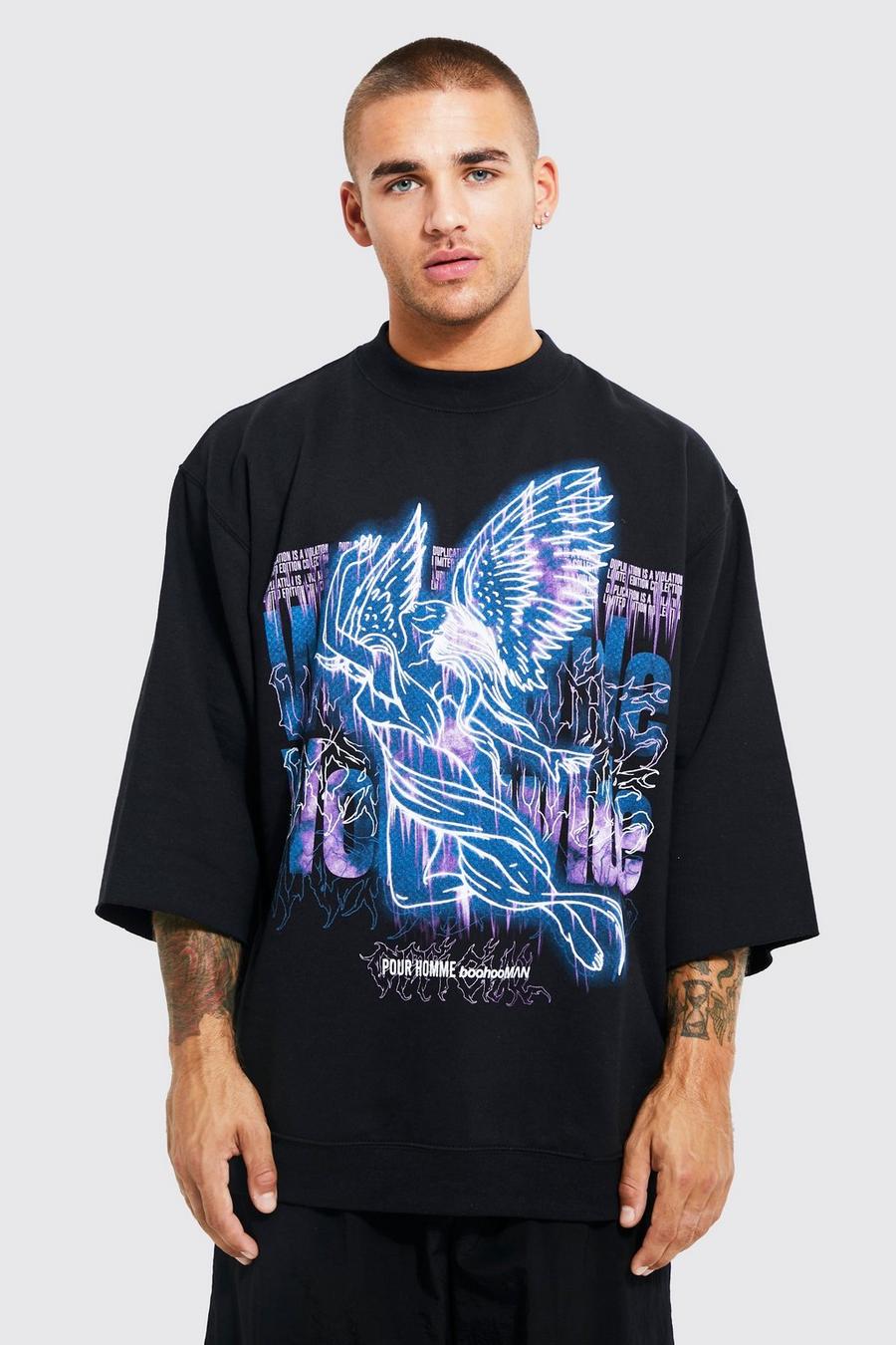 Black Oversized Half Sleeve Graphic Sweatshirt
