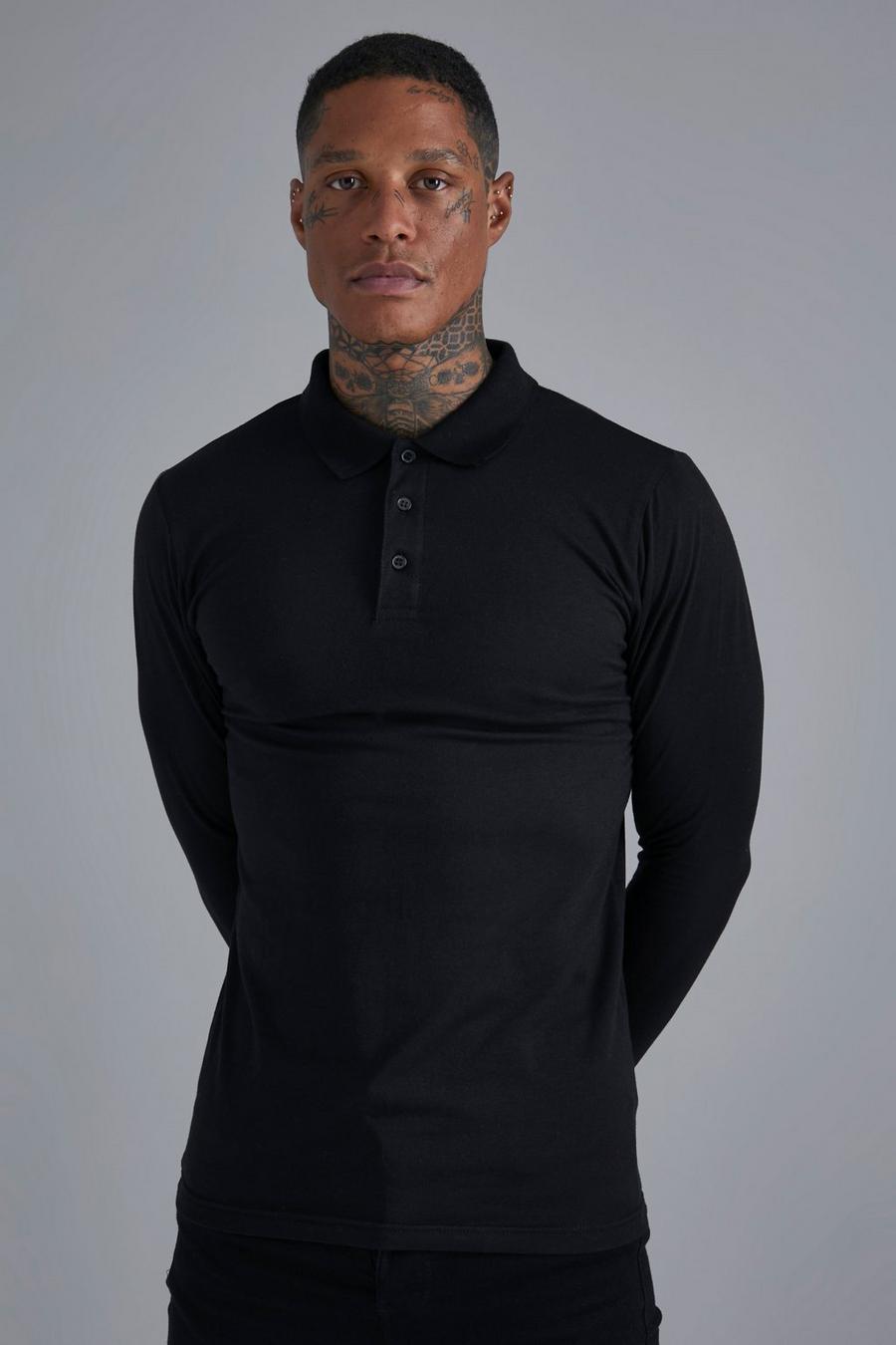 Black  Long Sleeve Muscle Fit Polo image number 1
