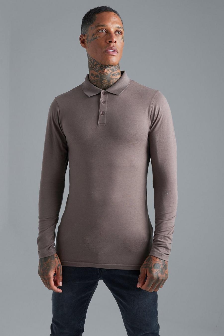 Coffee brown  Long Sleeve Muscle Fit Polo