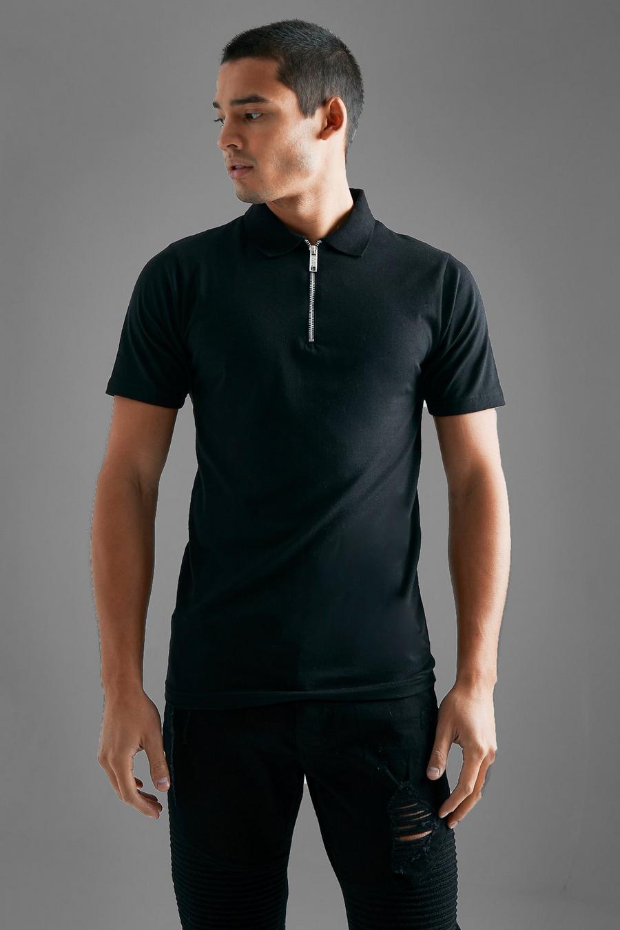 Black Muscle Fit Polo Met Rits image number 1