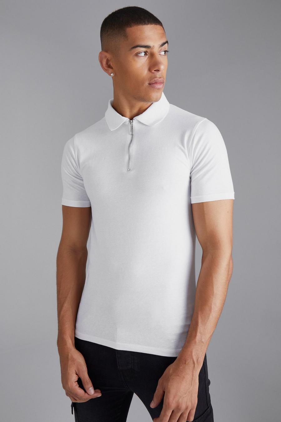 White Muscle Fit Polo Met Rits image number 1