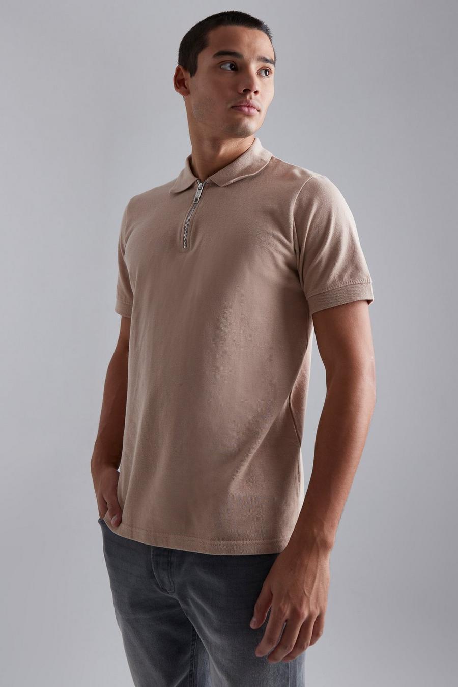 Taupe Slim Zip Pique Polo image number 1