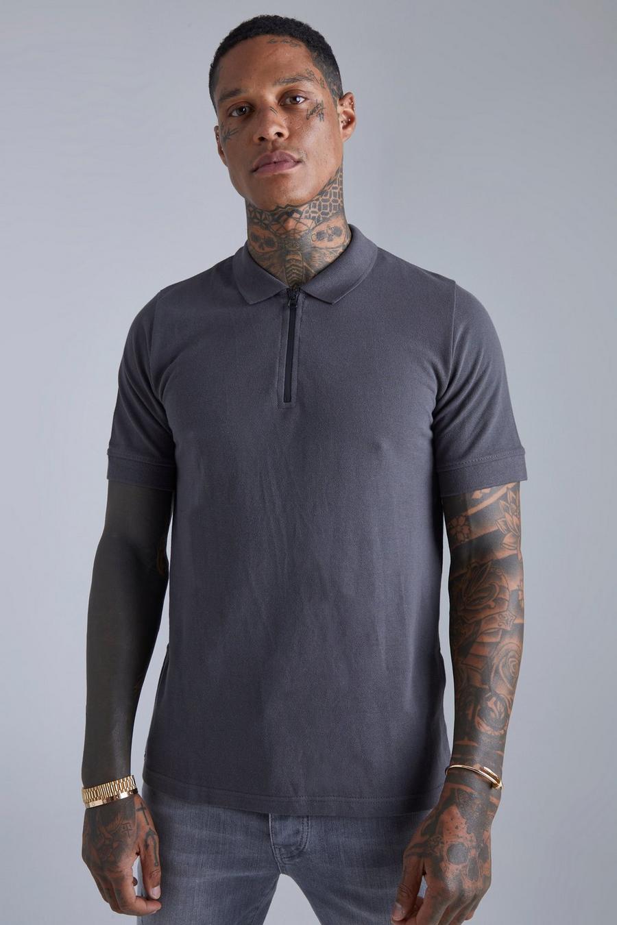 Charcoal Slim Zip Pique Polo image number 1