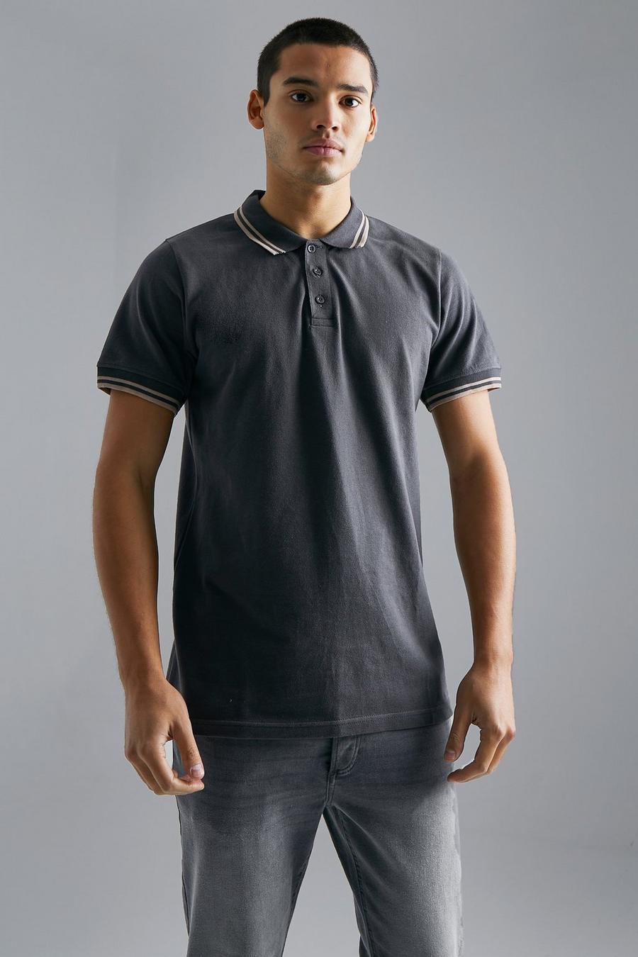 Charcoal  Tipped Slim Pique Polo image number 1