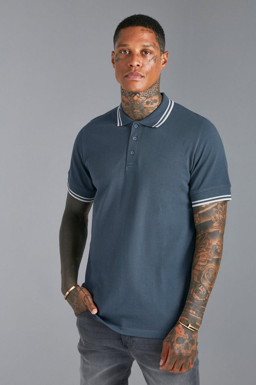 Blue  Tipped Slim Pique Polo image number 1