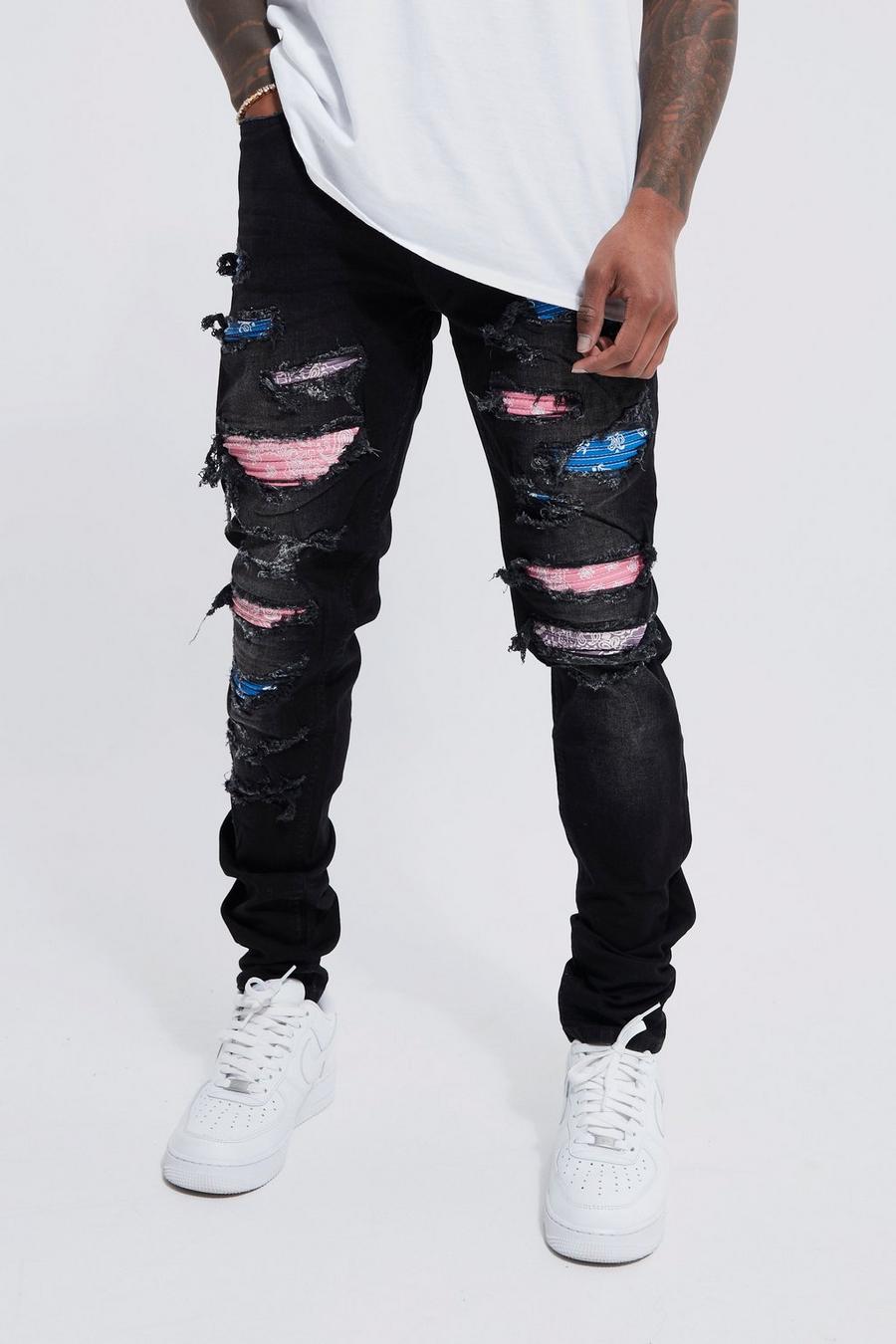 Washed black Stacked Bandana Print Rip & Repair Skinny Jeans image number 1