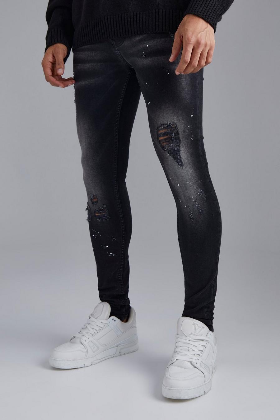 Washed black Super Skinny Distressed Stacked Jeans